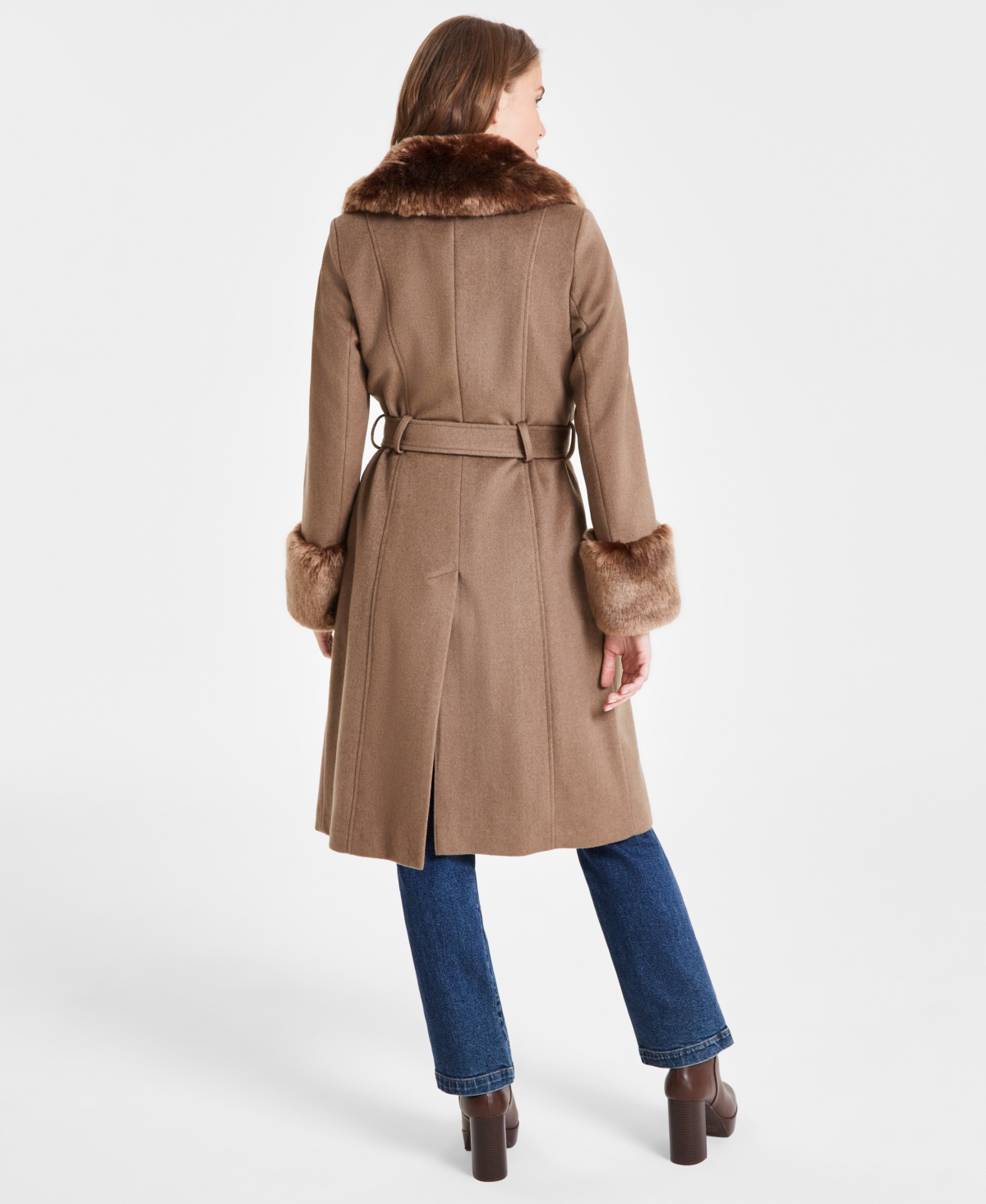 Via Spiga Women s Faux Fur Trim Belted Wrap Coat Truffle Smart Closet