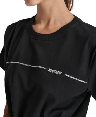 Women's Cotton Rhinestone-Logo Knot-Front T-Shirt