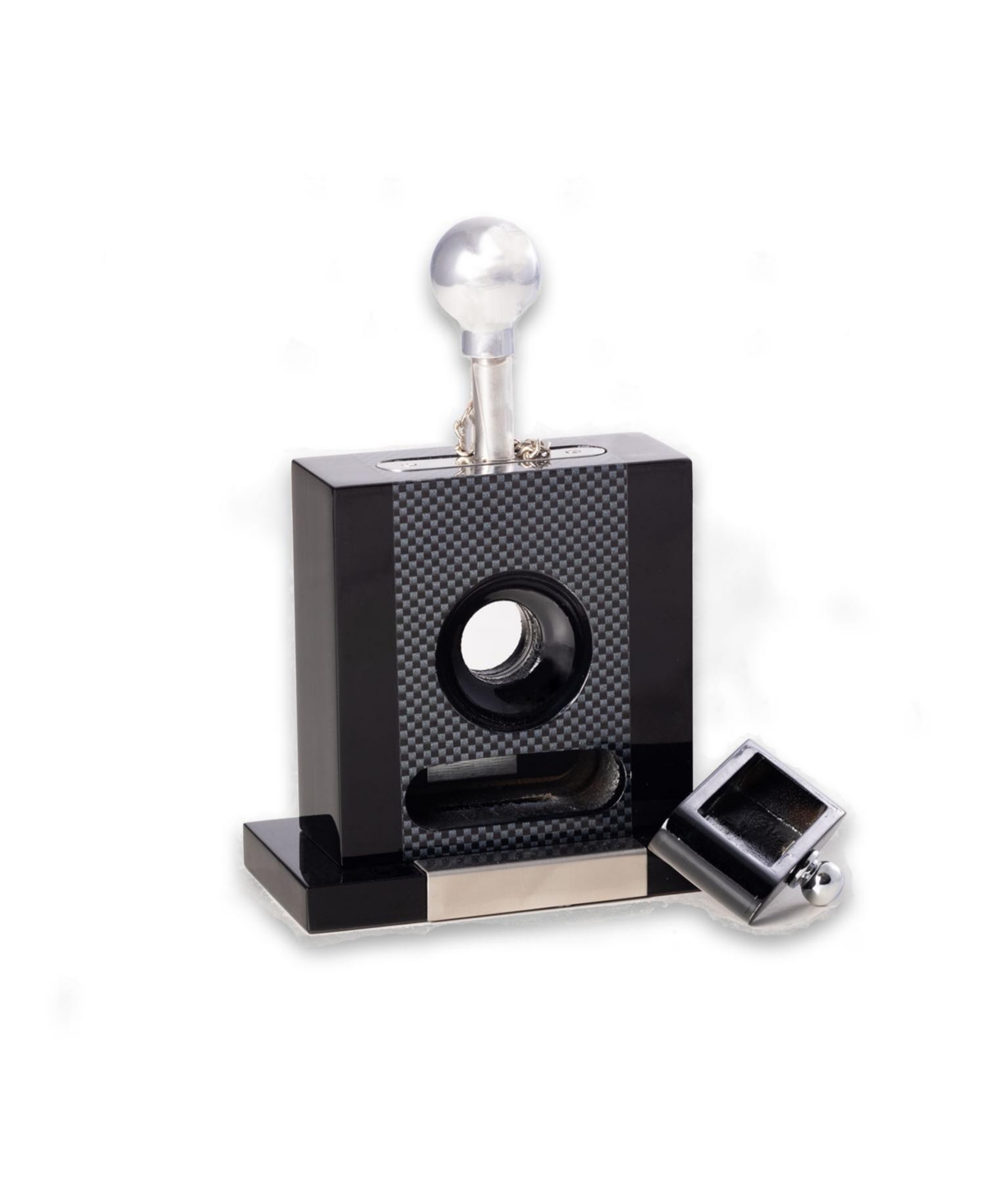 Bey-Berk Lacquered Carbon Fiber Design Wood and Stainless Steel Table Top Guillotine Cigar Cutter with Drawer for Cuttings.