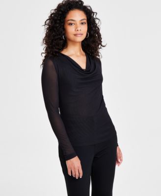 Bar III - Petite Long-Sleeve Cowlneck Mesh Top