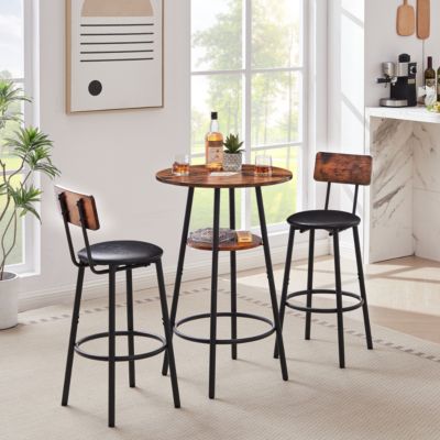 Rustic Brown Upholstered Barstools with Backrest - Set of 2