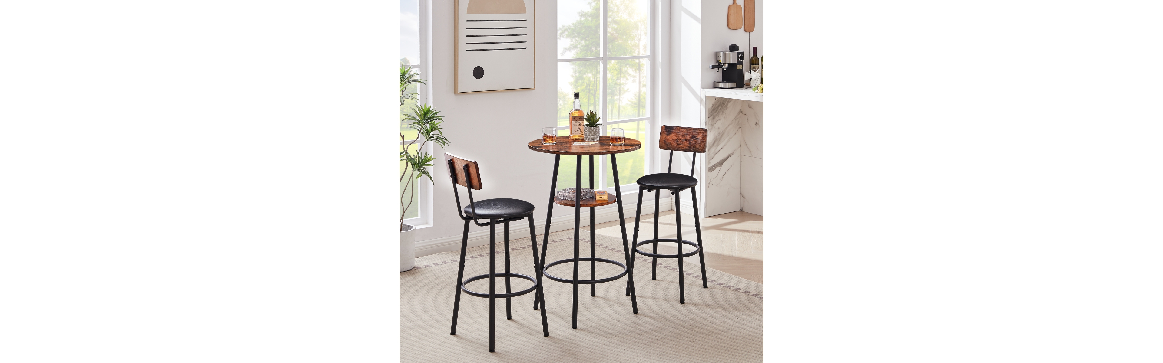 Simplie Fun Upholstered Round Barstool Set with Backrest, Rustic Brown, 23.62" W X 23.62" D X 35.43"