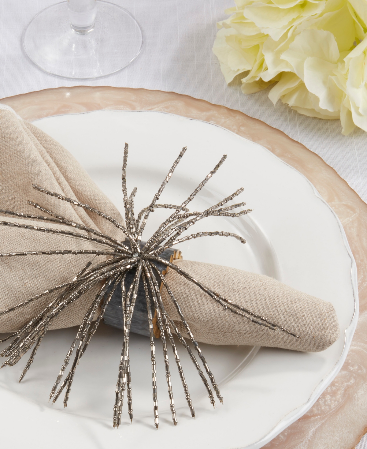 Shop Saro Lifestyle Bead-embellished Resin Napkin Ring Set Of 4 In Silver