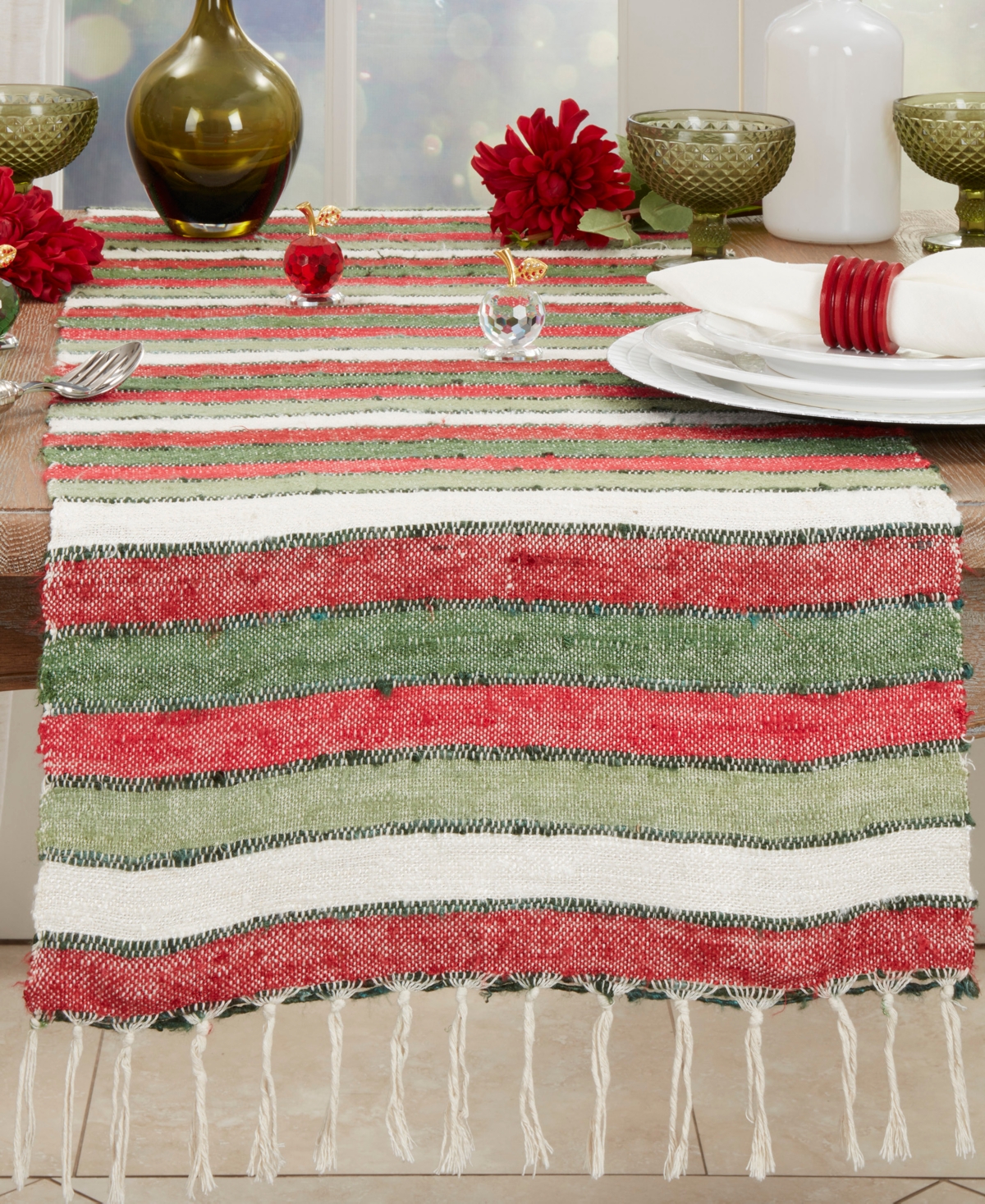 Saro Lifestyle Wide Striped Table Runner, 16"x72" In Red,green