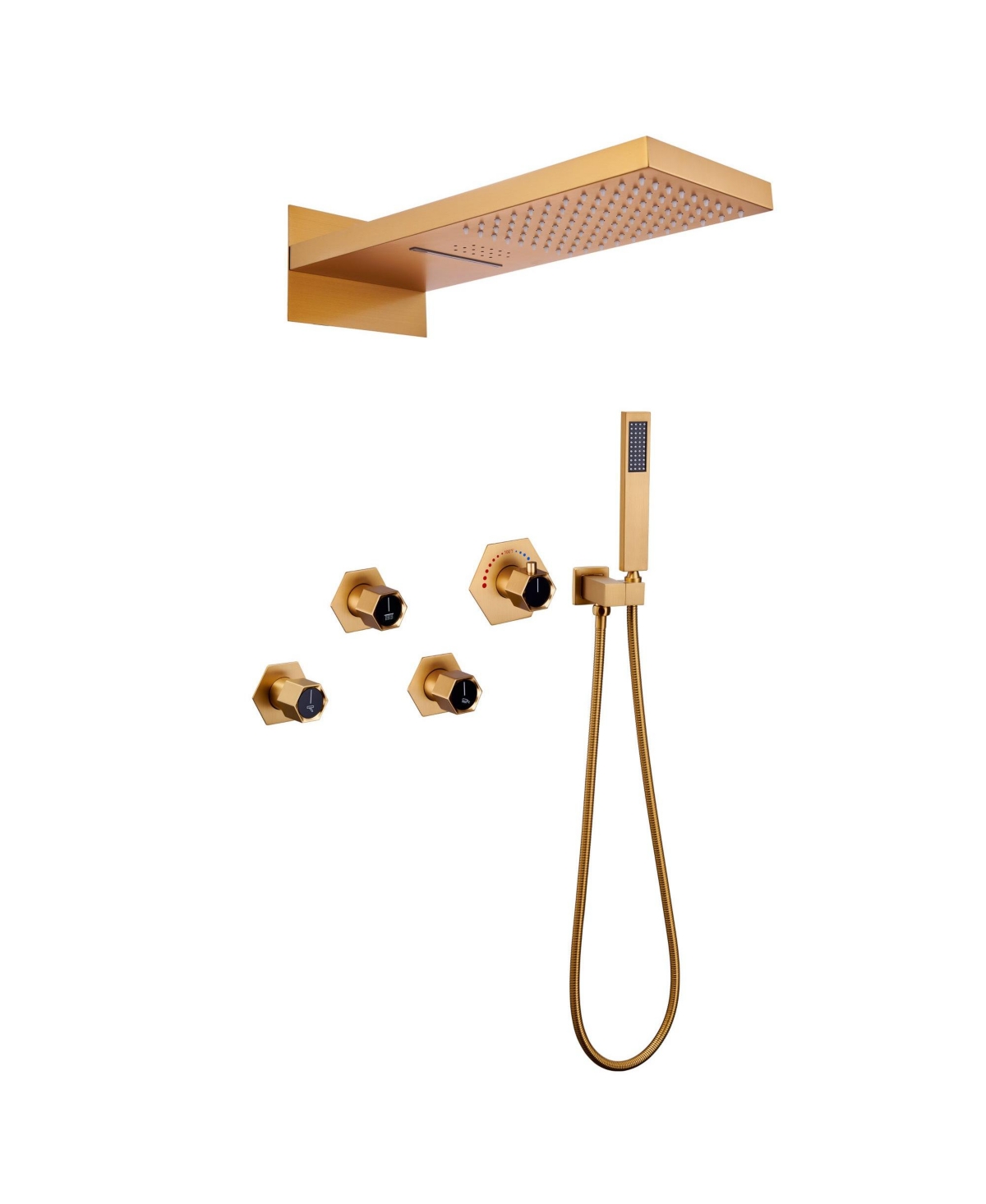 Mondawe Free Combination Handles 2 Functions 3 Sprays Wall-Mounteded Luxury Led and Music Thermostatic Shower System with Rough-in Valve in Brushed Go