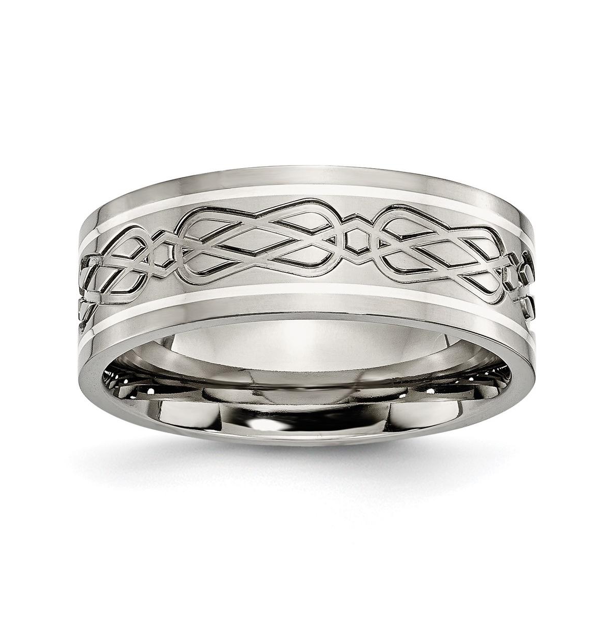 Titanium Sterling Silver Inlay Celtic Knot Flat Band Ring - Grey