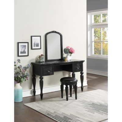 Simplie Fun Bedroom Classic Vanity Set Wooden Carved Mirror Stool Drawers Black Color