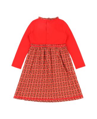 Little Girls Long Sleeve Ruffle Trim Dress - Red Multicolor