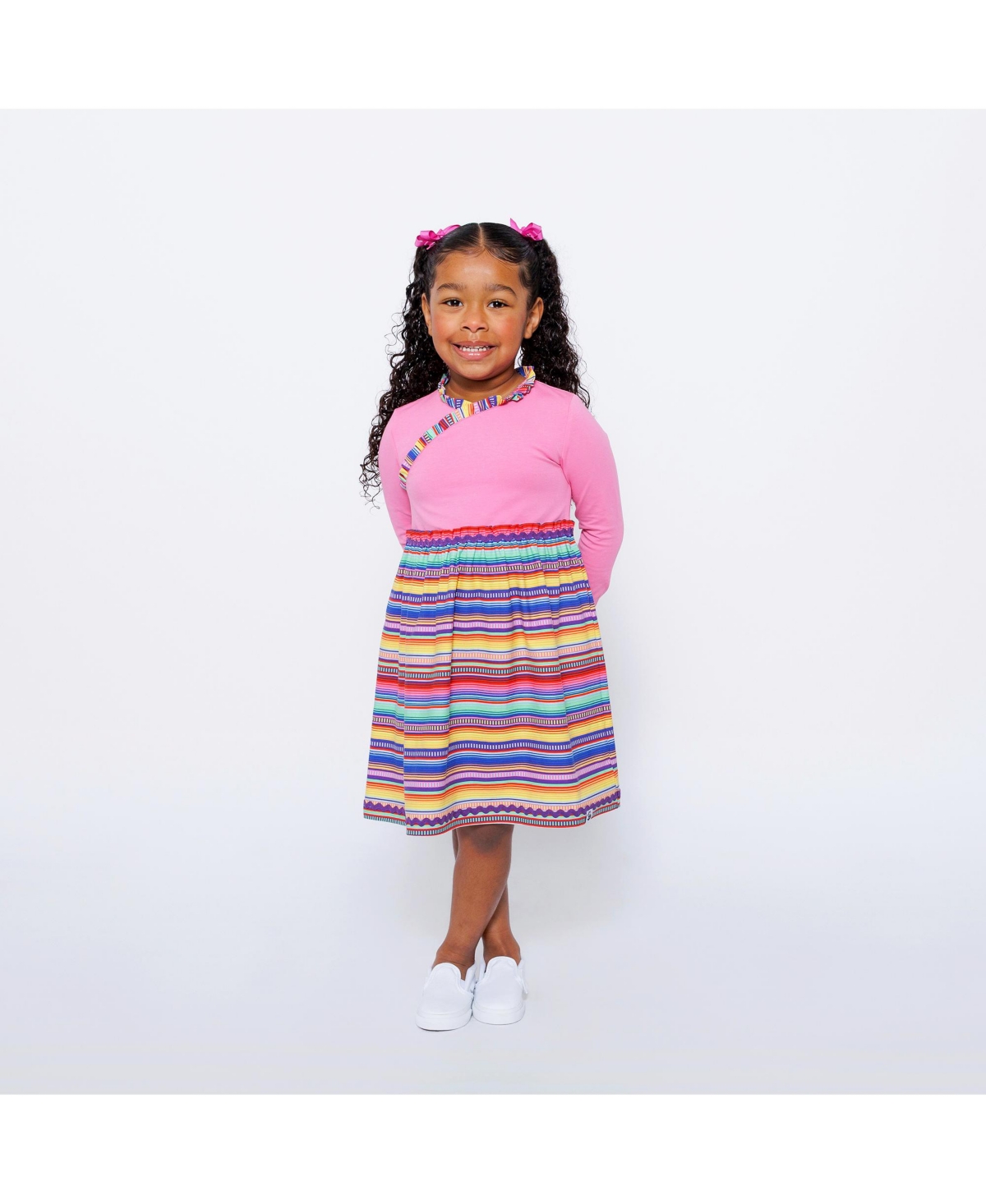 Mixed Up Clothing Girls Long Sleeve Ruffle Trim Dress - Fiesta Stripes