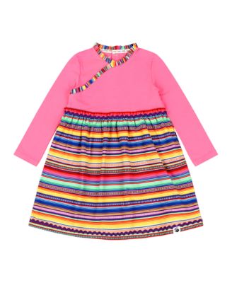Toddler Girls Long Sleeve Ruffle Trim Dress - Pink Multicolor Stripes
