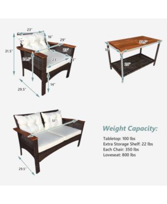 4PCS Rattan Patio Furniture Set Acacia Wood Outdoor Conversation Set w/ Cushions