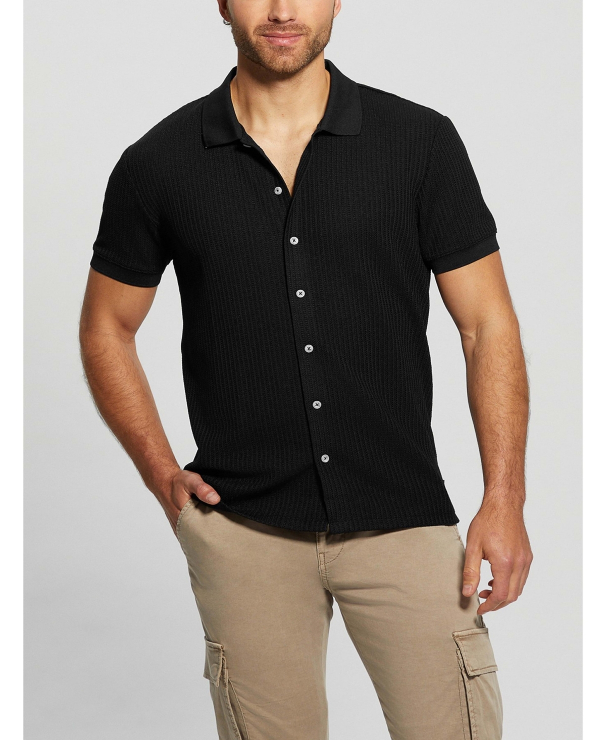 Guess Men's Pointelle Short Sleeve Knit Shirt In Black
