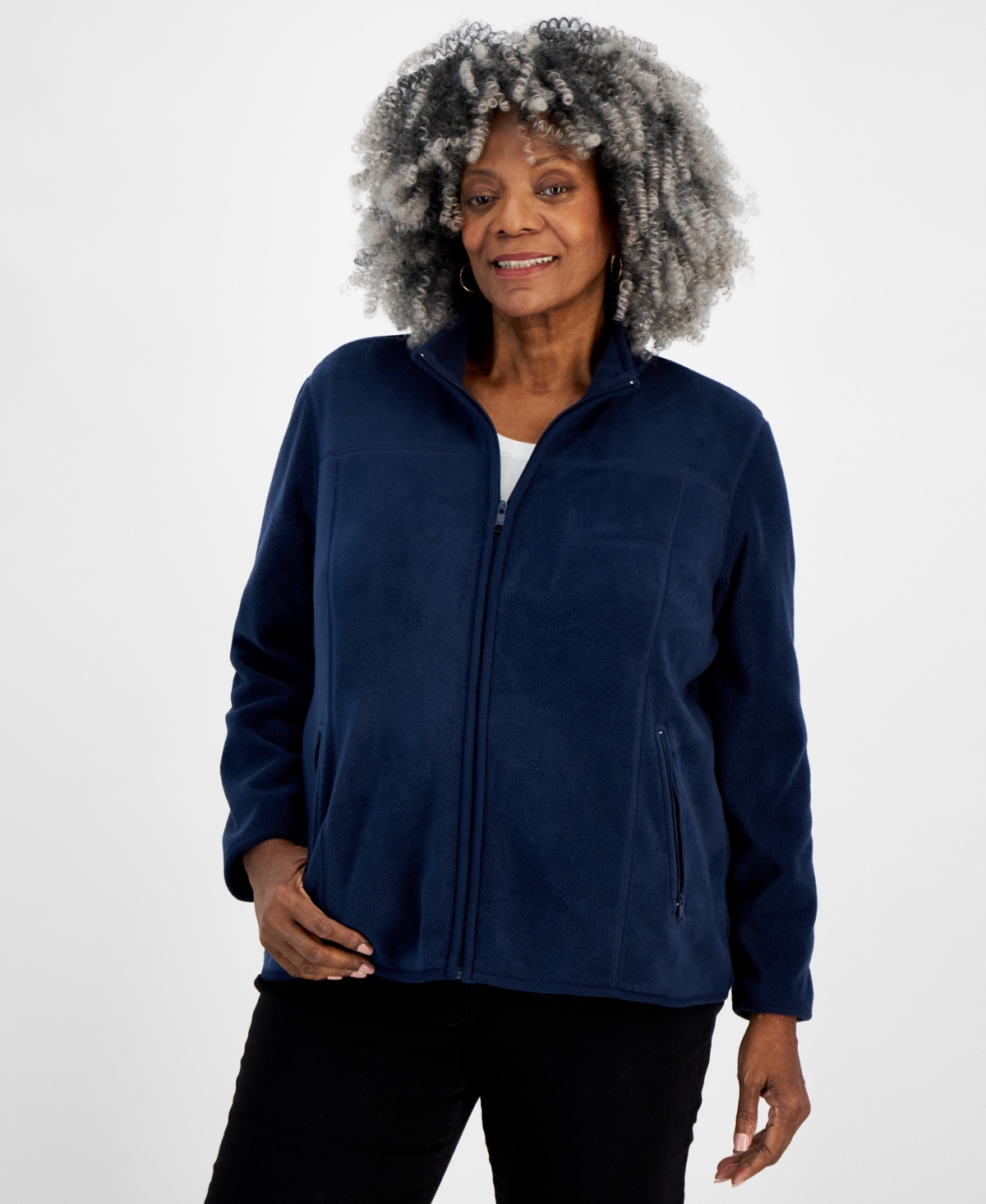 Style & Co Plus Size Solid Polar Fleece Zip-front Jacket, Created For Macy's In Industrial Blue