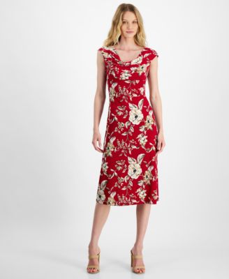 Connected - Petite Printed Drape-Neck Midi Dress
