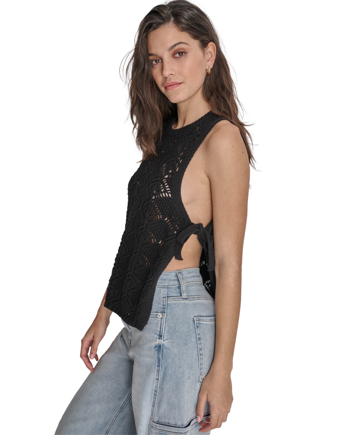 Dkny Women's Crocheted Split-Side Tied Tank Top - BLK - BLACK