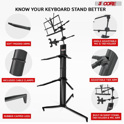2 Tier Column Keyboard Stand Riser Piano Holder Heavy Duty Aluminium Built Attached Adjustable Music & Mic Stands Height 51.2 Inch for 61 76 88 Keys Foldable Easy to Carry in Bag