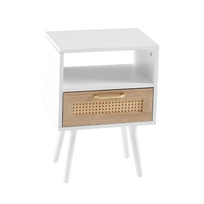 Rattan End Table with Drawer, Wood Legs
