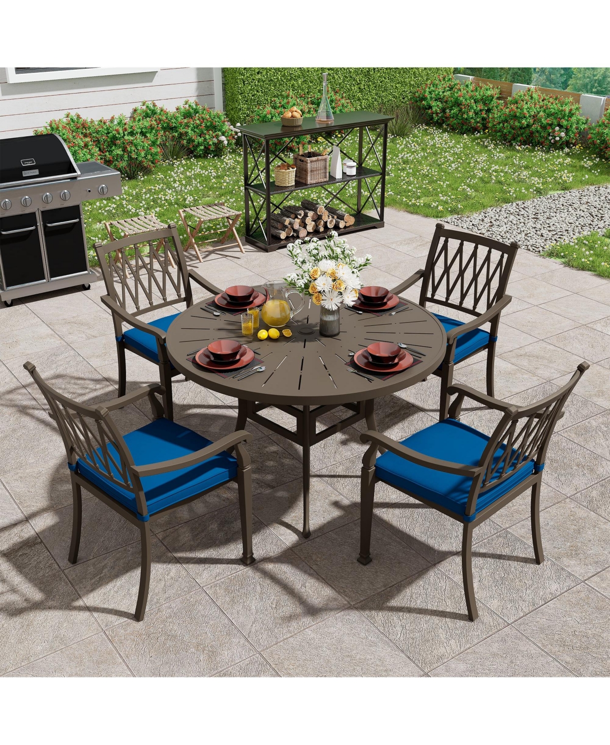 Mondawe 5 Pieces Round Cast Aluminum Outdoor Dining Set with Cushions