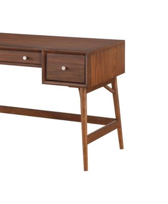 Brown Finish Stylish Writing Desk Storage Drawers Nickel Knob Hardware Walnut Veneer Wood Furniture