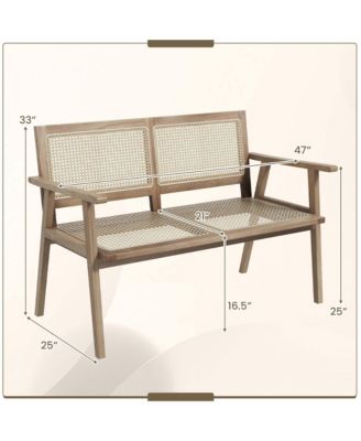 Teak Wood Garden Bench 2-Person Bench with Armrests, Rattan Backrest & Seat