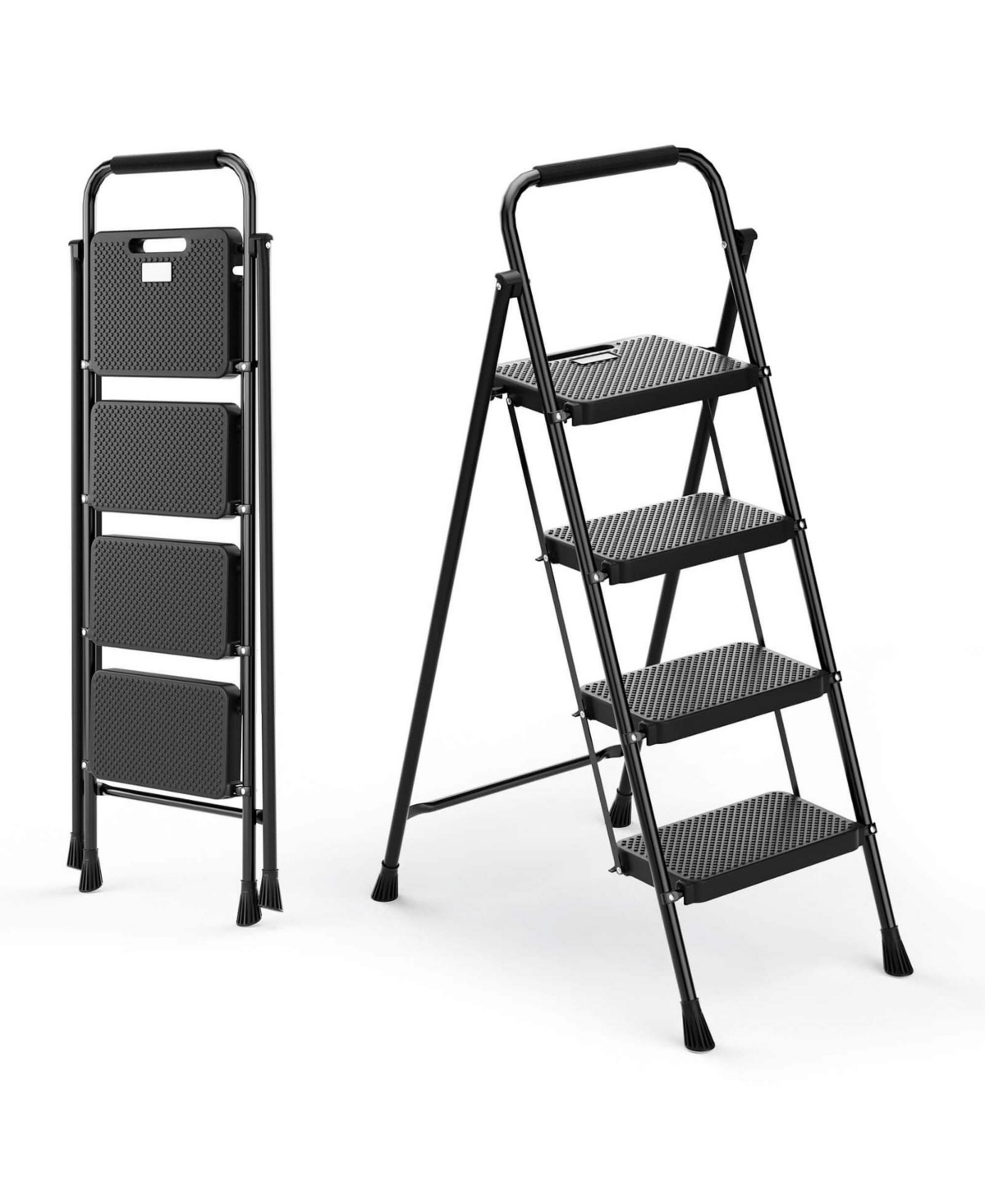 Folding Step Ladder Portable 4 Step Ladder with Safety Handrails & Anti-Slip Pedals - Black
