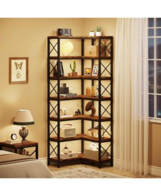 7-Tier Corner Bookcase, Industrial Large Corner Bookshelf, Tall Corner Shelf Storage Display Rack with Metal Frame for Living Room Home