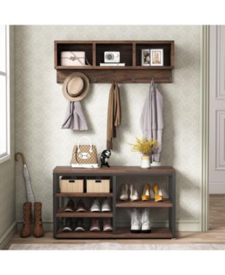 Industrial Hall Tree Shoe Rack and Bench Set, 5-in-1 Design with Coat Rack, 3 Storage Cubbies, and 7 Hooks for Entryway or Hallway