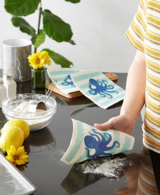 Swedish Dishcloths for Kitchen Cleaning, Machine Washable Dishwasher Safe, 7.75 x 6.75", Octopus, 3 Piece