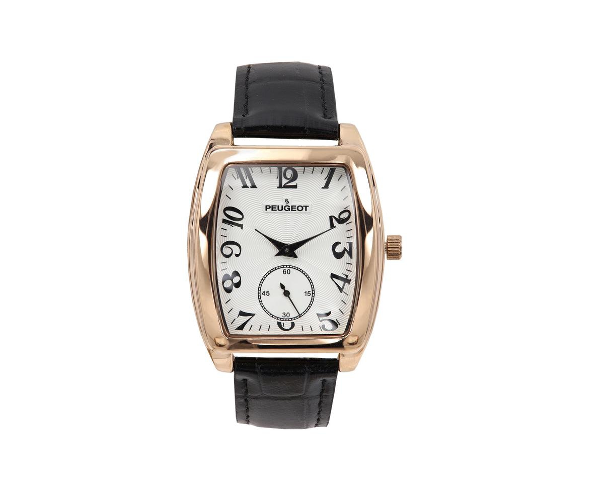 Men's Vintage 49mm x 38mm Rose Gold Tonneau Shaped Watch with Black Leather Band - Gold