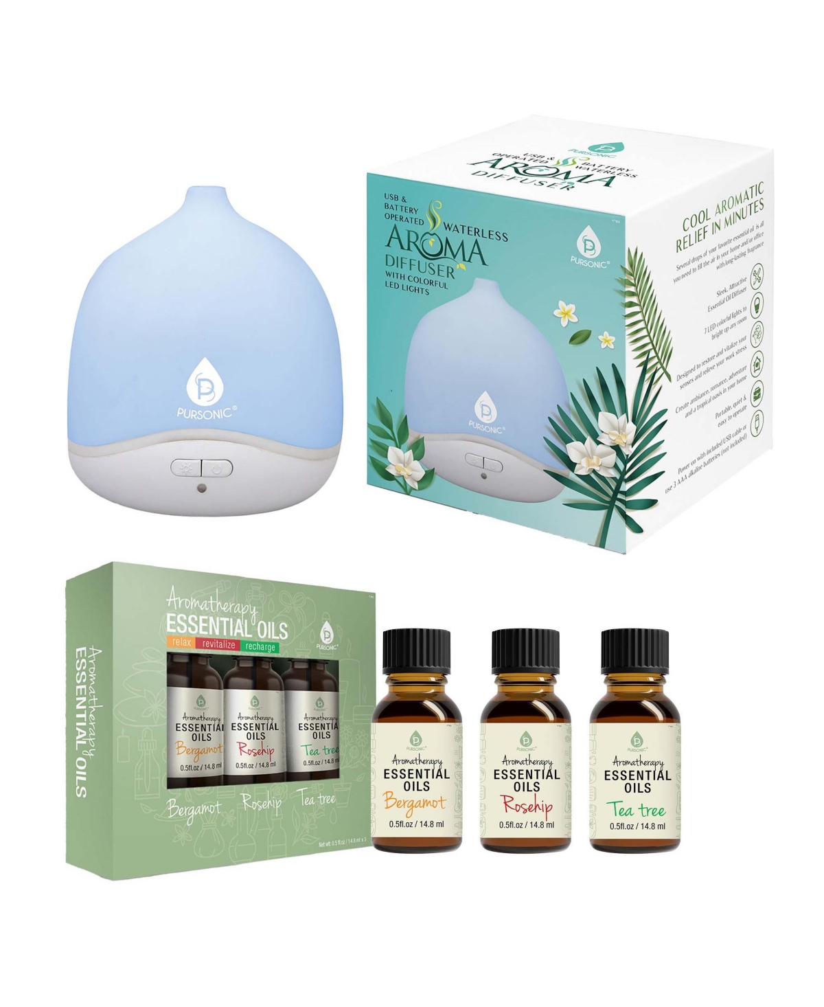 Usb & Battery Operated Waterless Aroma Diffuser + Aromatherapy Essential Oils - Assorted Pre-pack (See Table
