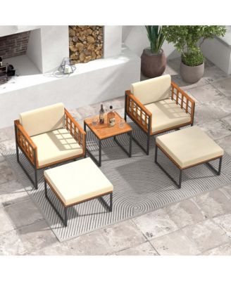 5 PCS Acacia Wood Patio Furniture Set with Ottomans Soft Cushions & Coffee Table
