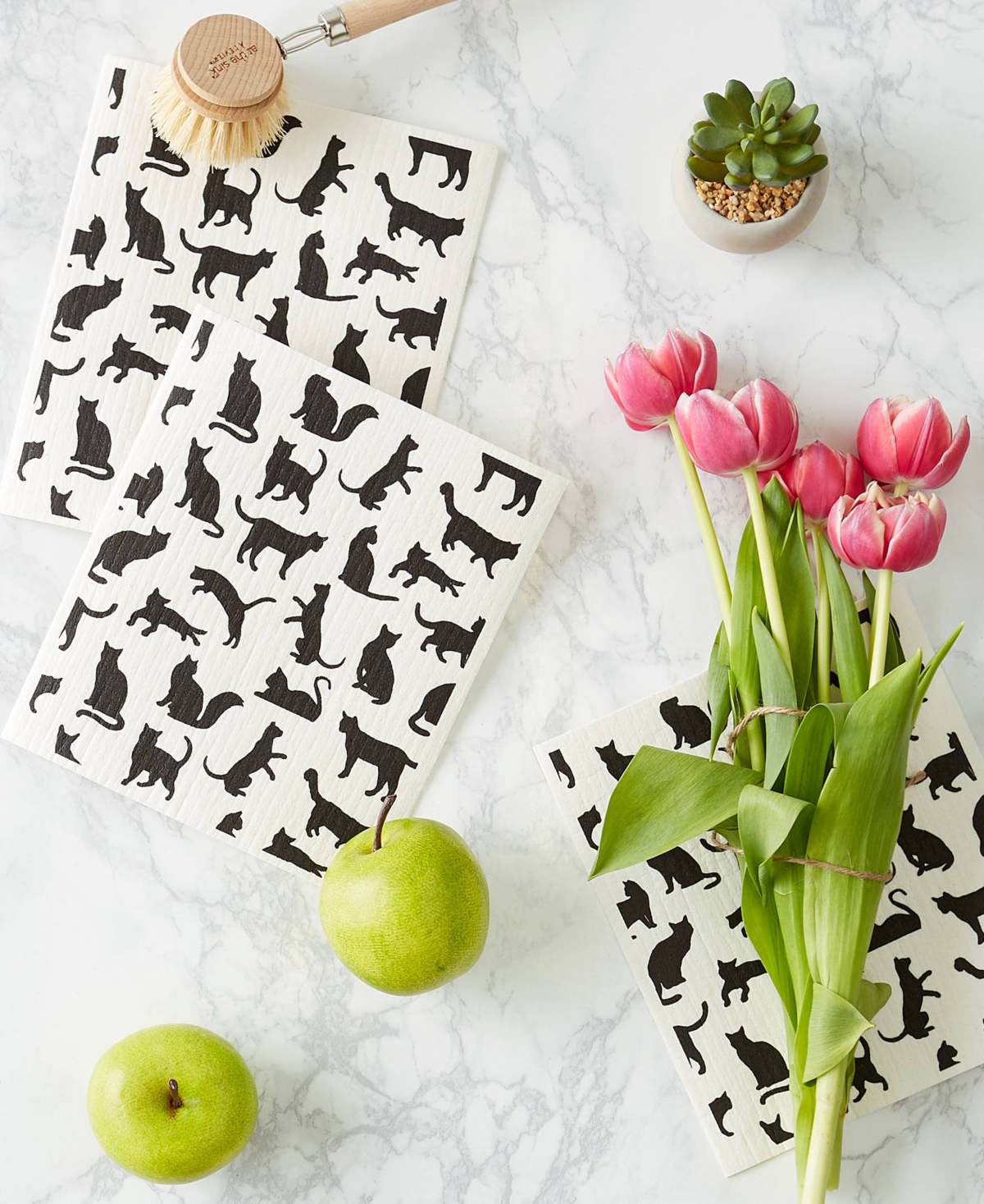 Design Imports Swedish Dishcloths For Kitchen Cleaning, Machine Washable Dishwasher Safe, 7.75 X 6.75", Cats, 3 Pie In Cat