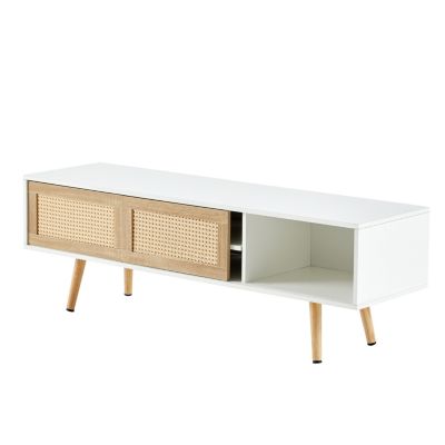 White Rattan TV Cabinet with Sliding Doors & Adjustable Shelf