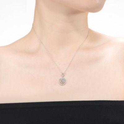 White Gold Plated with Double Halo Drop Solitaire Pendant Necklace