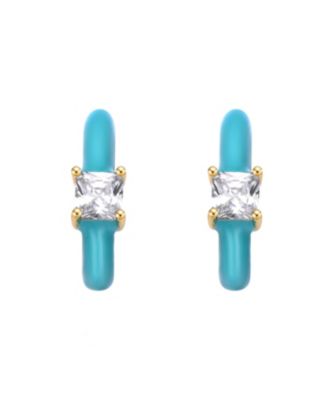 14k Yellow Gold Plated with Cubic Zirconia Blue Turquoise Enamel C-Hoop Earrings for Kids
