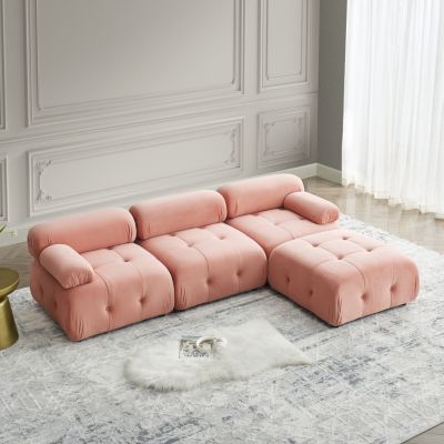 Velvet Modular L-Shaped Sofa with Reversible Ottoman