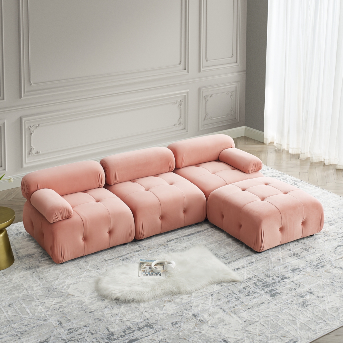Simplie Fun Pink Velvet Modular L-Shaped Sofa with Reversible Ottoman