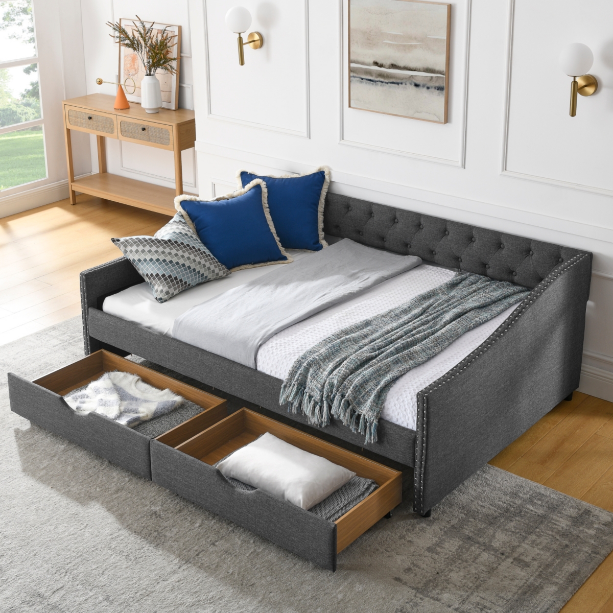 Simplie Fun Upholstered Tufted Daybed with Drawers and Copper Nail Detail