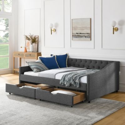  Upholstered Tufted Daybed with Drawers and Copper Nail Detail