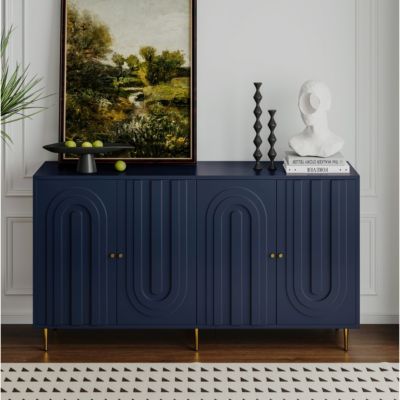 Blue Lacquered 4 Door Wooden Sideboard Buffet Cabinet