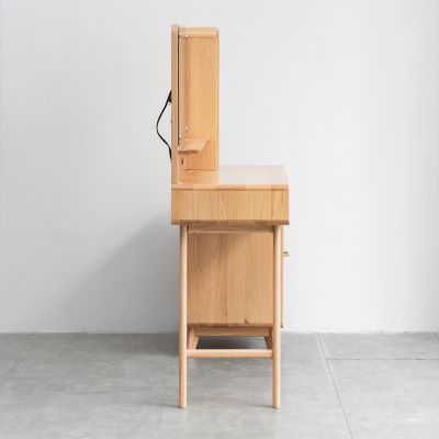 solid oak dresser table with 90cm width, natural wood finish, storage drawers, and compact design for accessories.