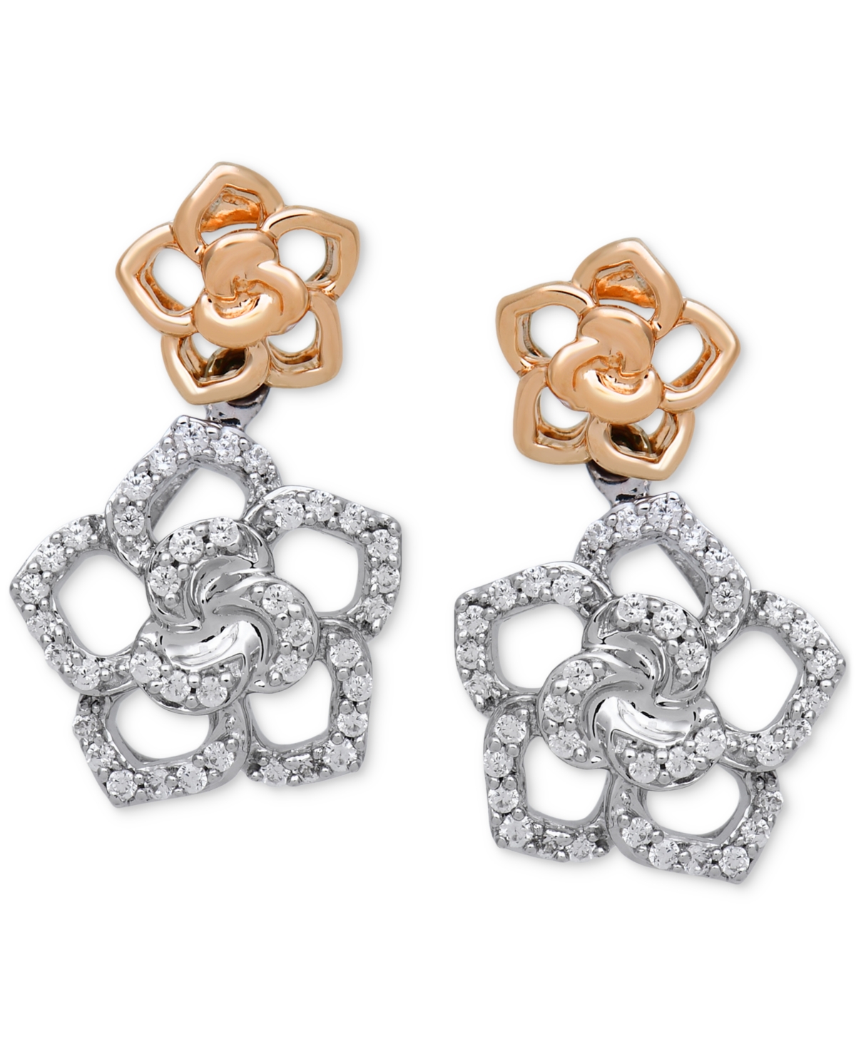 Disney Enchanted Vault Diamond Belle Rose Drop Earrings (1/4 Ct. T.w.) In Sterling Silver & Rose Gold-plate In Sterling Silver  Rose Gold-plate
