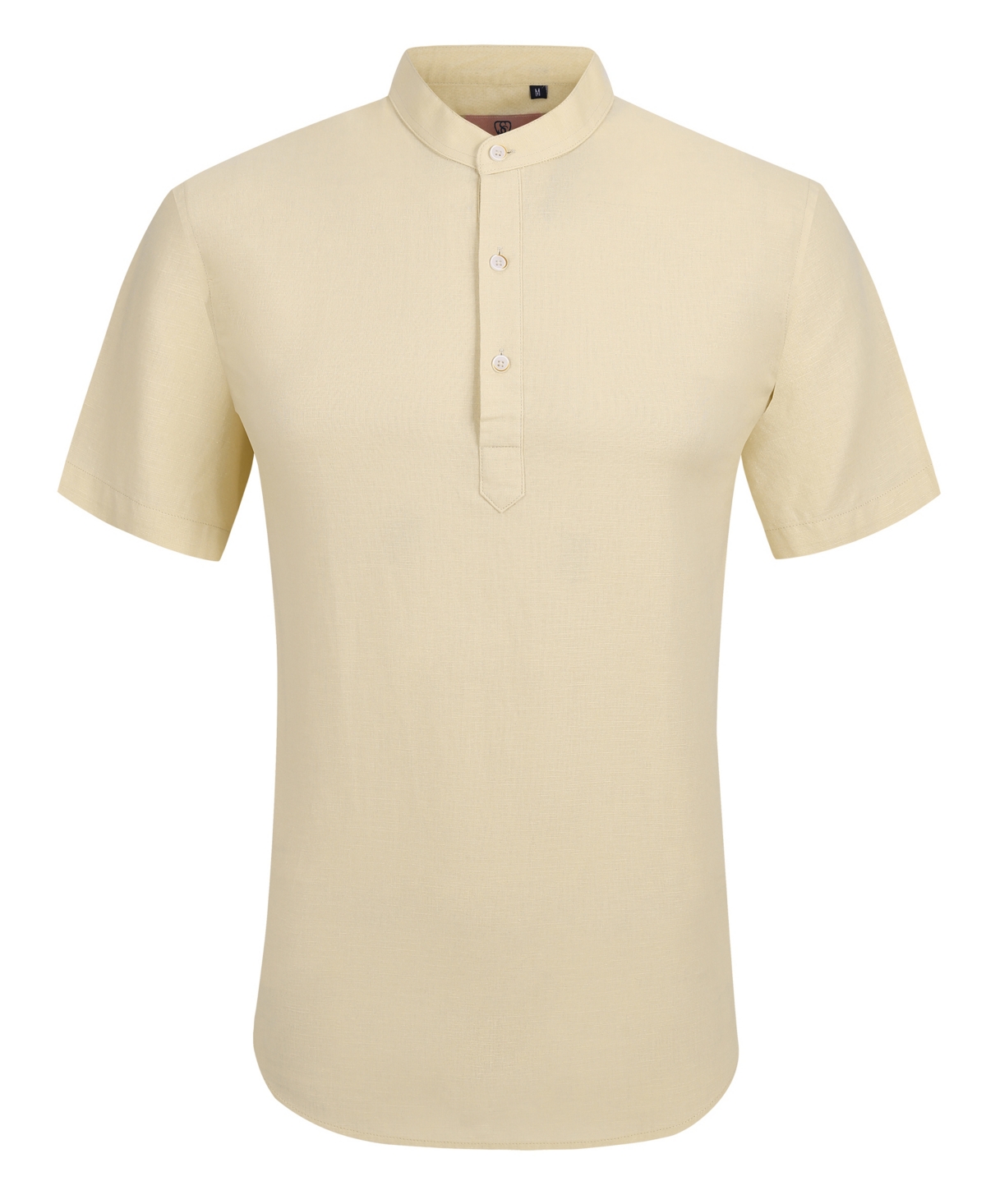 Suslo Couture Mens Linen Solid Banded Collar Button Up In Khaki