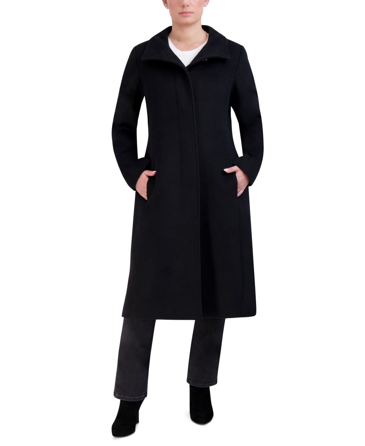 Womens Stand-Collar Single-Breasted Wool Blend Coat - Black