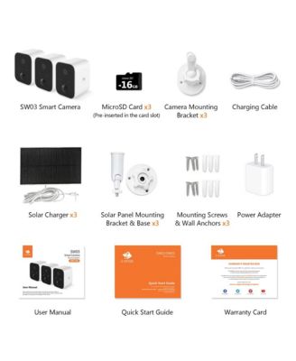 SW03-White 3 Packs 1080P Full HD Wireless Smart Cameras with Solar Panels and 16GB TF Card, Supports Night Vision, Wi-Fi and Smartphone App