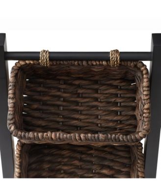 3-Tier Floor Stand Rack with Hanging Storage Baskets, Walnut/Espresso - Wood Tower Organizer for Bathroom, Kitchen, Laundry, Living Room