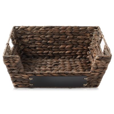(Set of 2) Water Hyacinth Pantry Baskets with Handles and Chalkboard Labels - Espresso, Wide Woven Storage Baskets for Kitchen Shelves