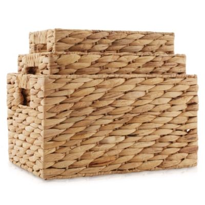 Set of 3 Water Hyacinth Storage Baskets with Handles - Small, Medium, and Large Woven Nesting Storage Bin Organizers for Shelves