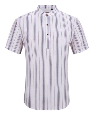 Men's Linen Stripped Banded Collar Button Up