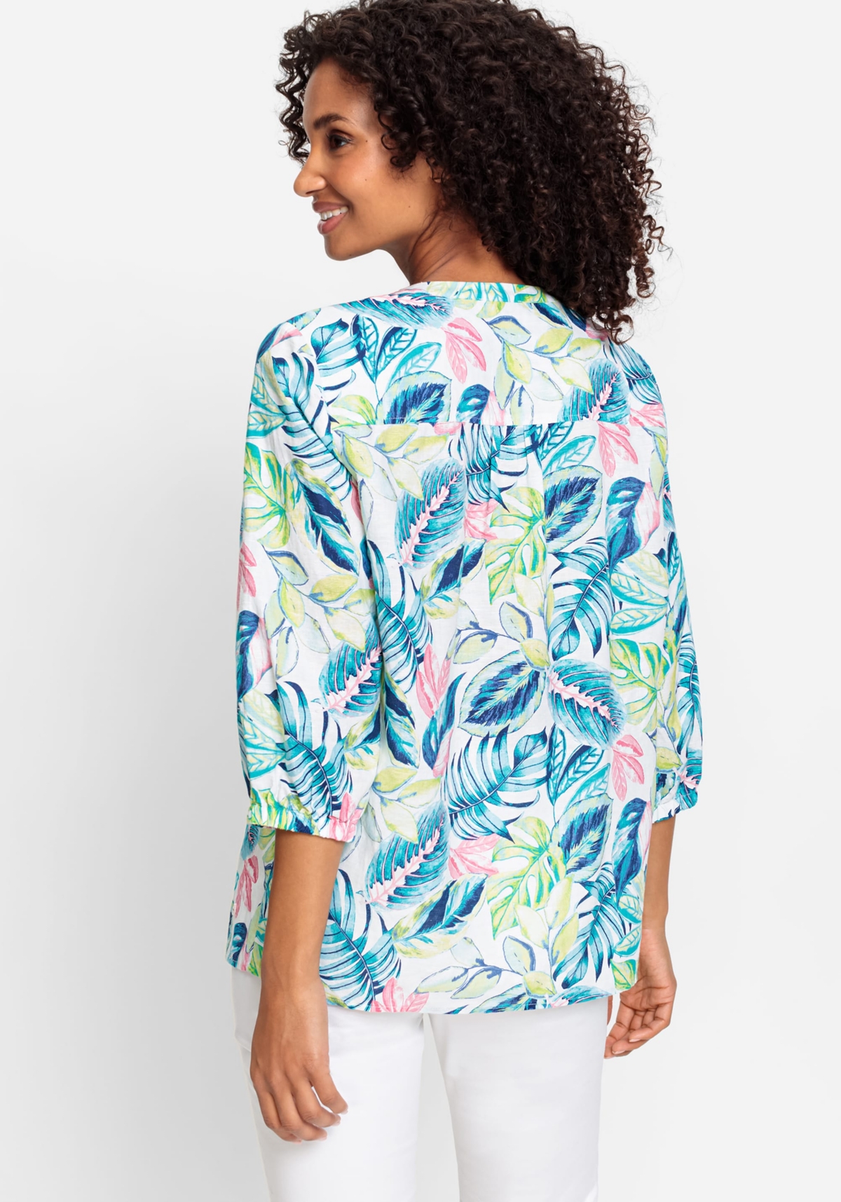 Olsen Women's Cotton Linen 3/4 Tropic Print Tunic Shirt